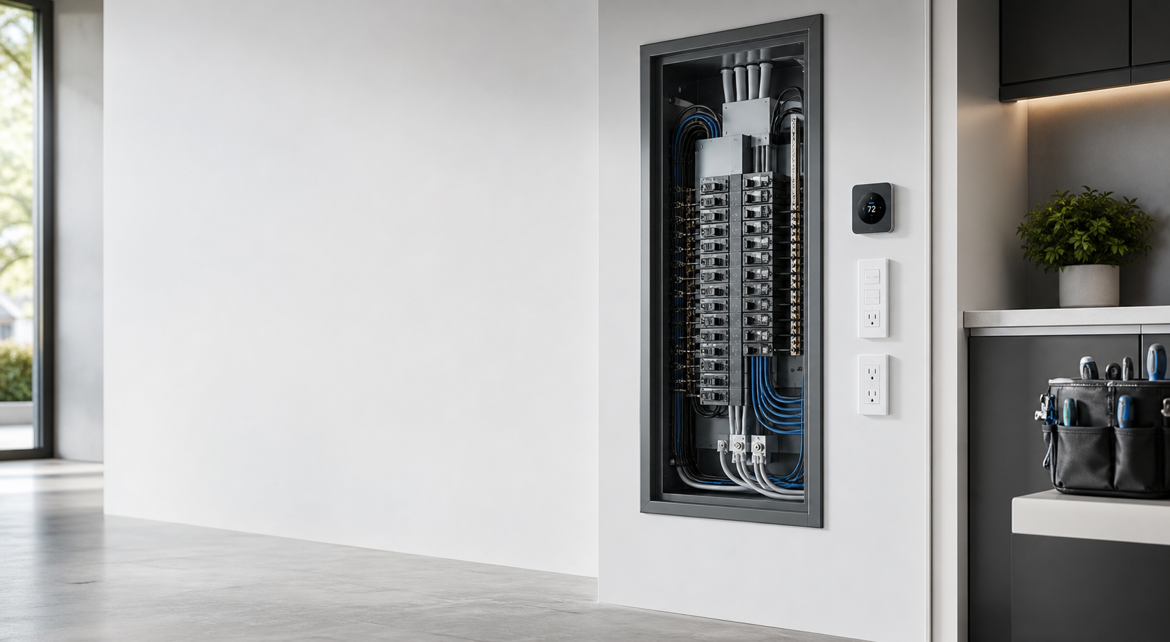 A clean modern electrical panel in a bright premium interior