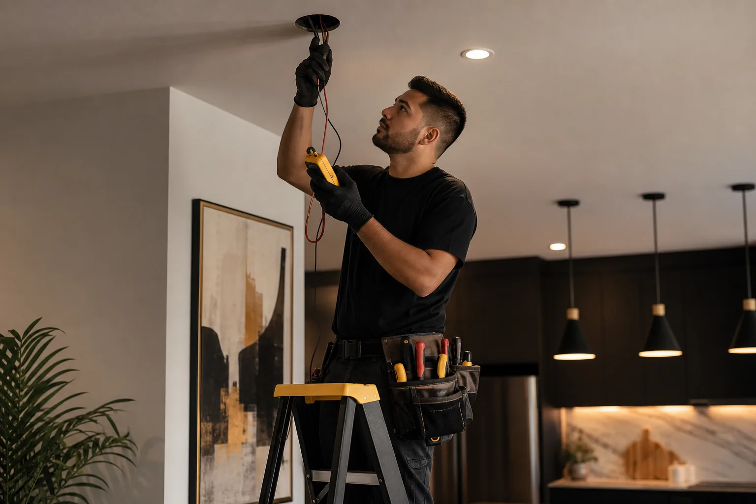 Electrician troubleshooting from a ladder